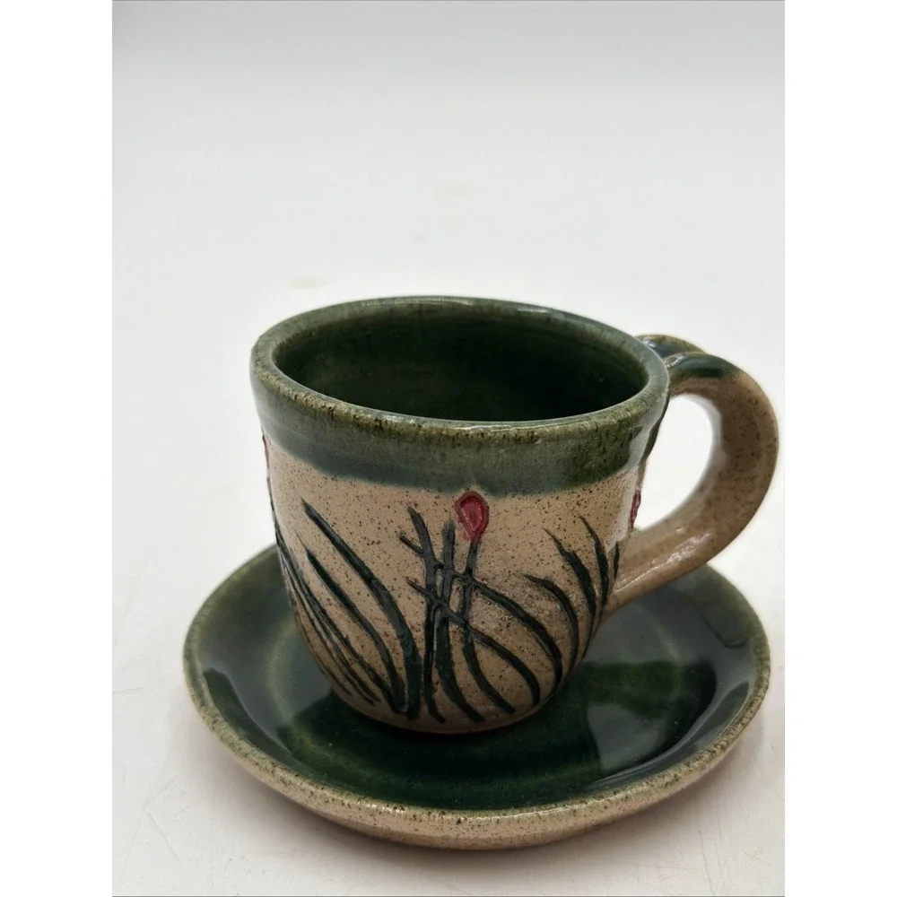 Studio Pottery Demitasse Espresso Coffee Cup W/Saucer Handmade Signed